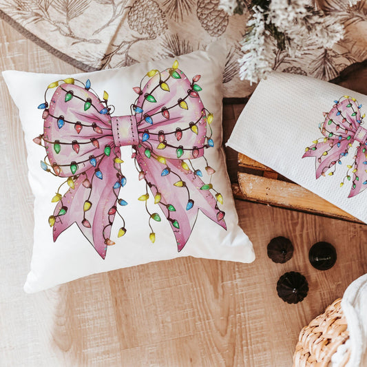 CapableByDesign coquette Christmas lights pink bows pillows and towels