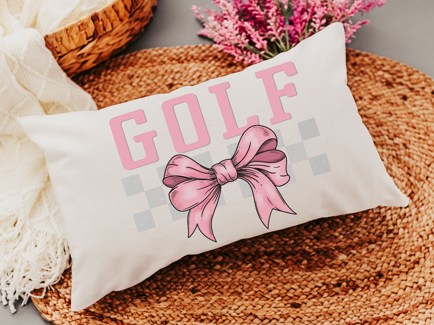 pink bow golf lumbar pillow