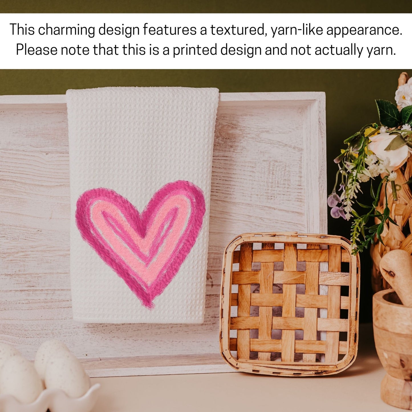 Faux yarn heart kitchen towels, yarn like appearance but is a printed design and not actual yarn.