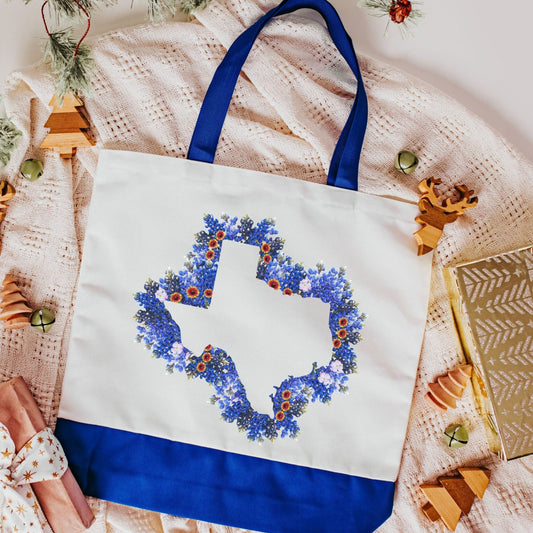 Outline of Texas in Bluebonnets tote bag - Blue