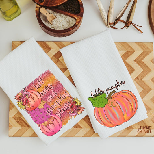 Fall Leaves and Hello Pumpkins Kitchen Towels Set