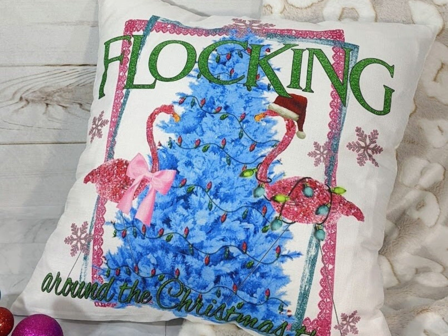Flocking Around The Christmas Tree Flamingo Pillow and Towel Gift Set