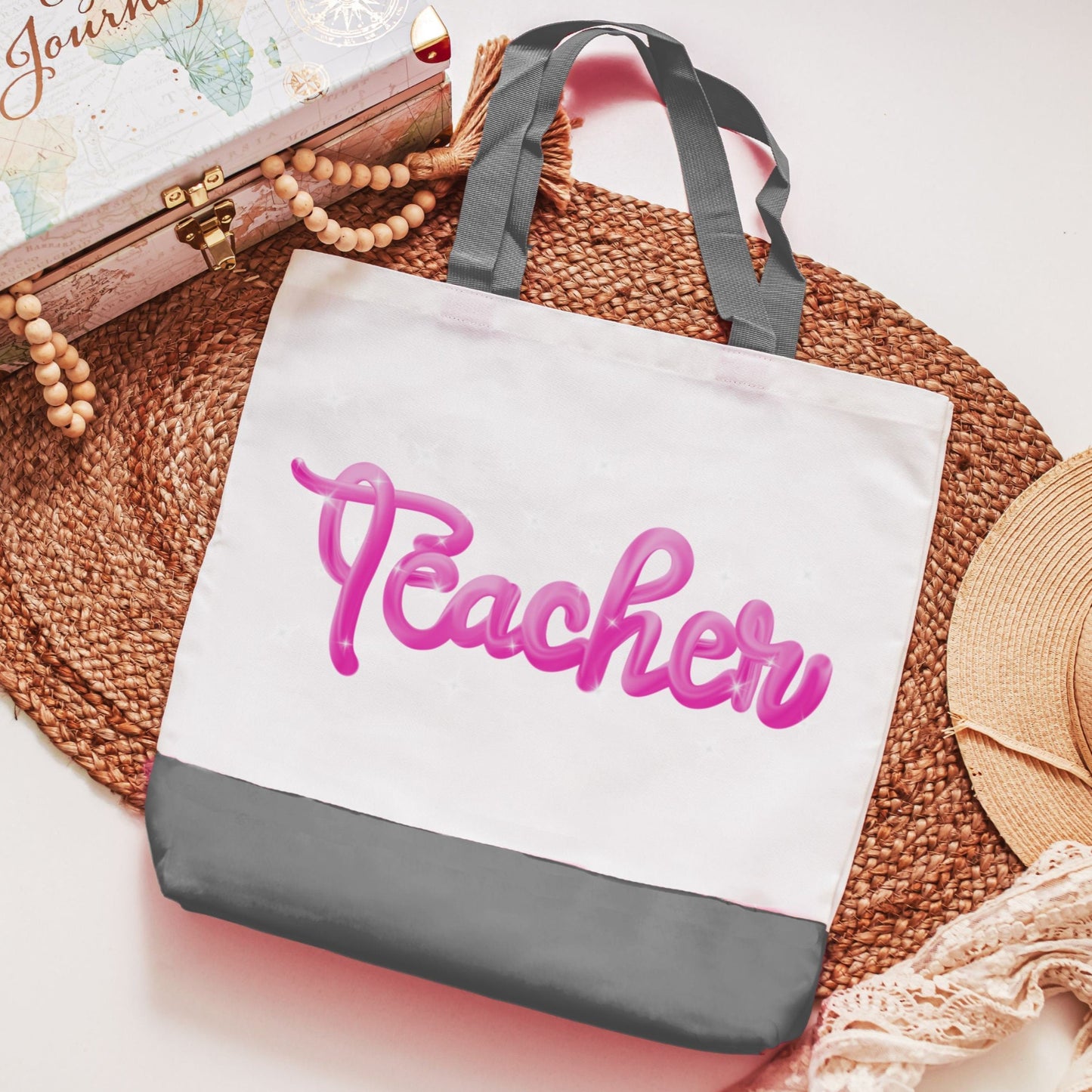 Pink teacher tote bag with handles 