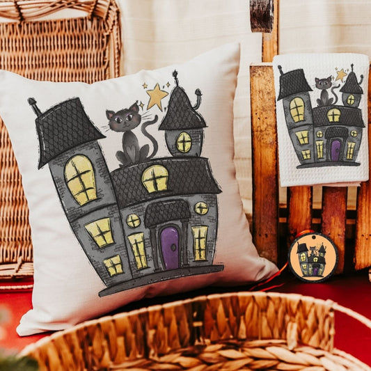 Halloween haunted house pillow, towel, and ornament gift set