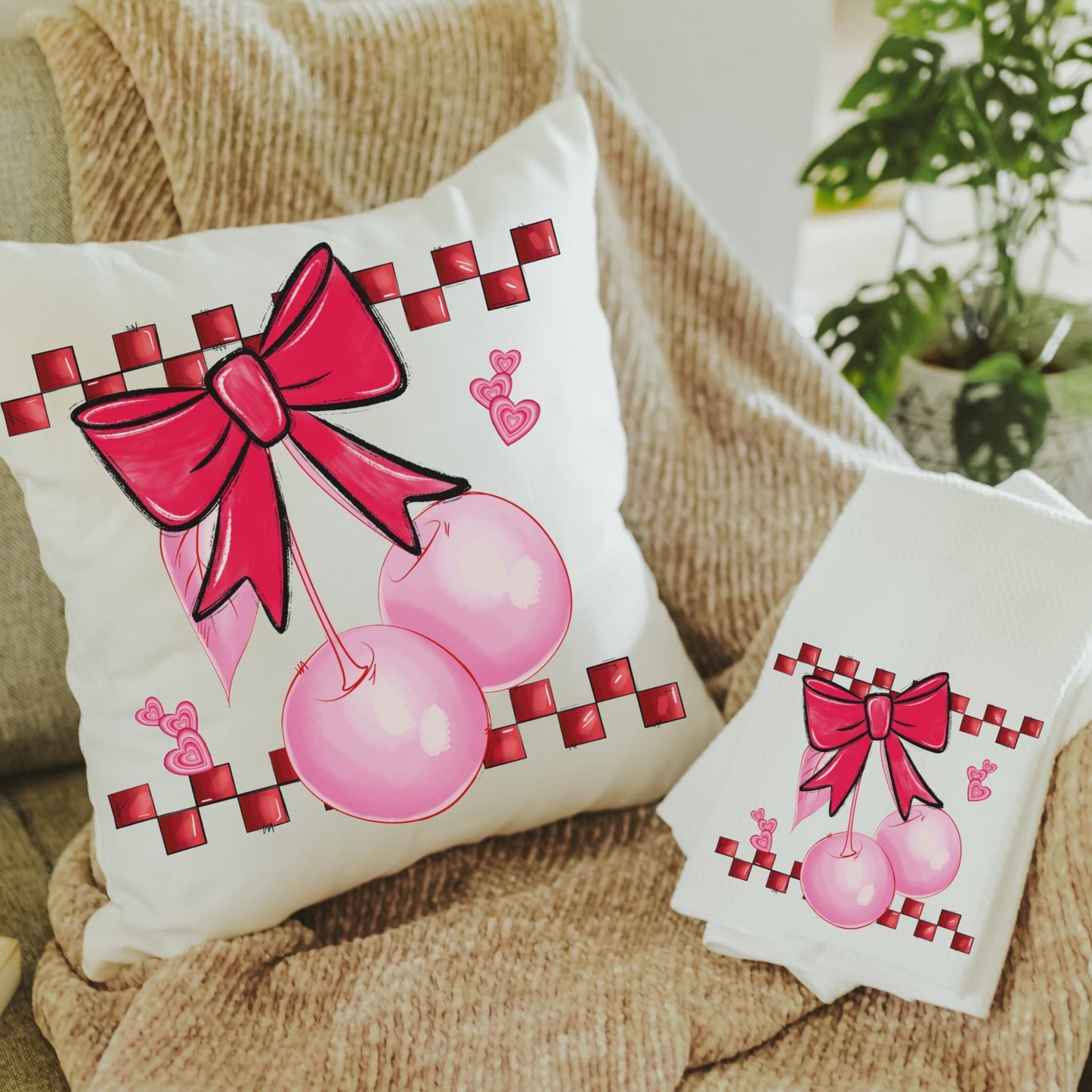 cherry bow kitchen towel and matching throw pillow