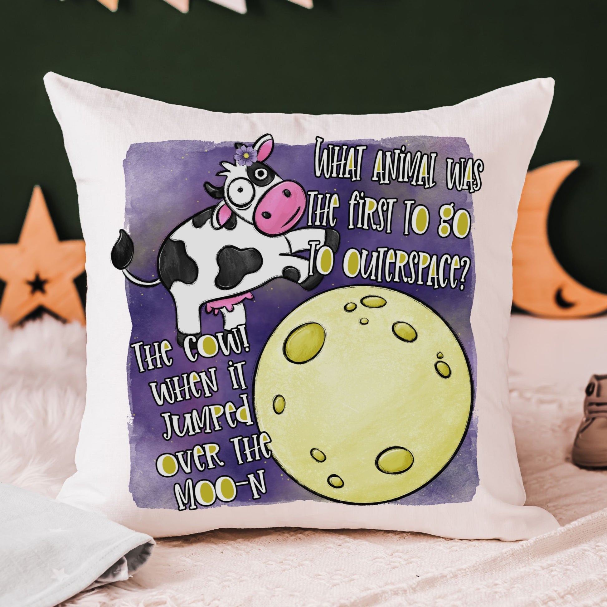 Funny Cow Over Moon Throw Pillow