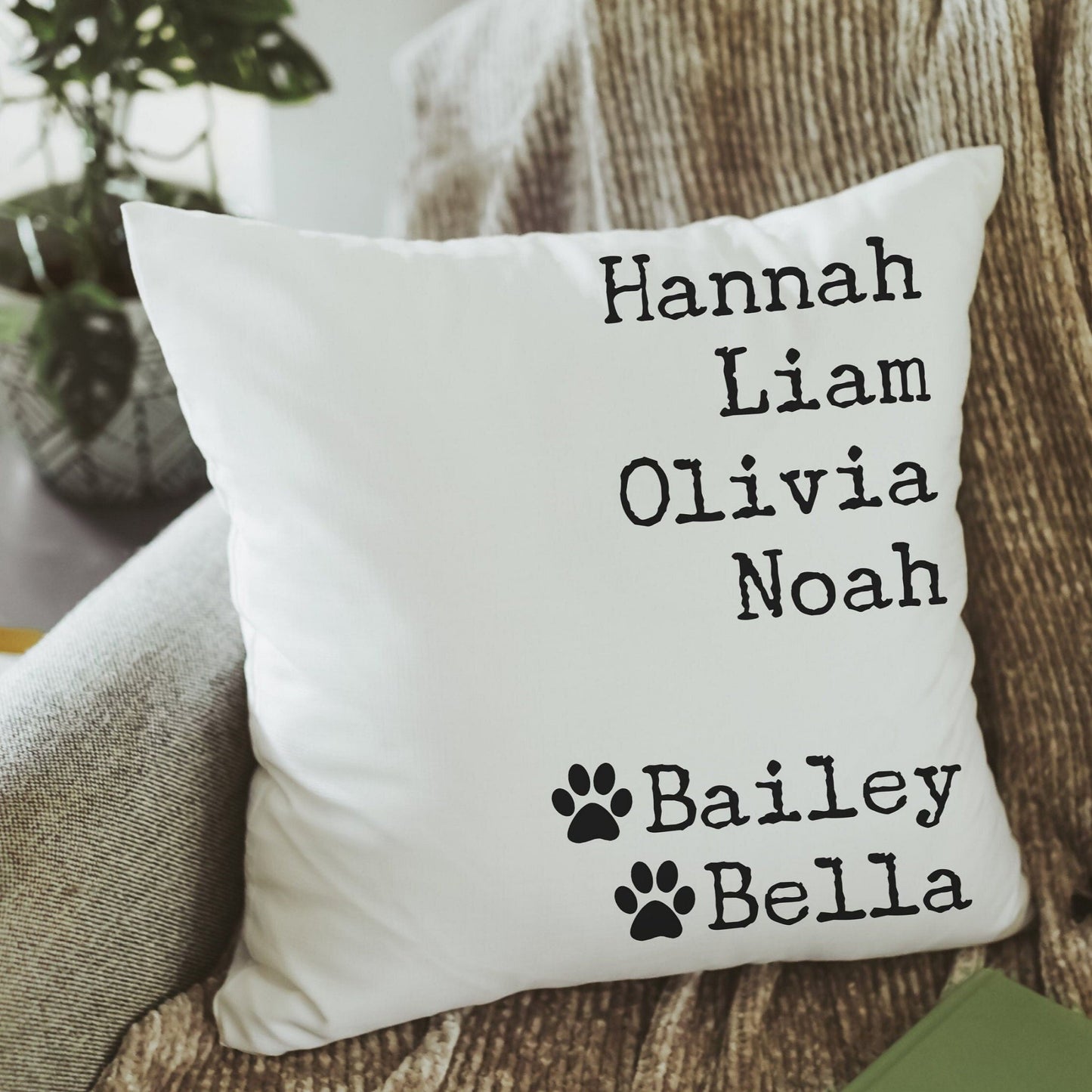 personalized family names throw pillow off white