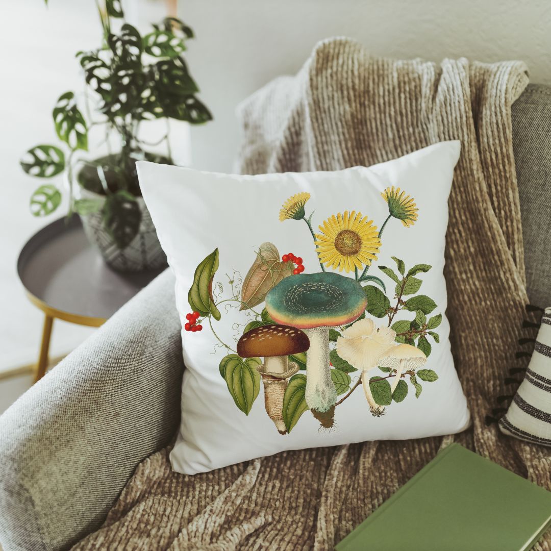 Mushroom throw pillow by Capable by Design in a minialist setting