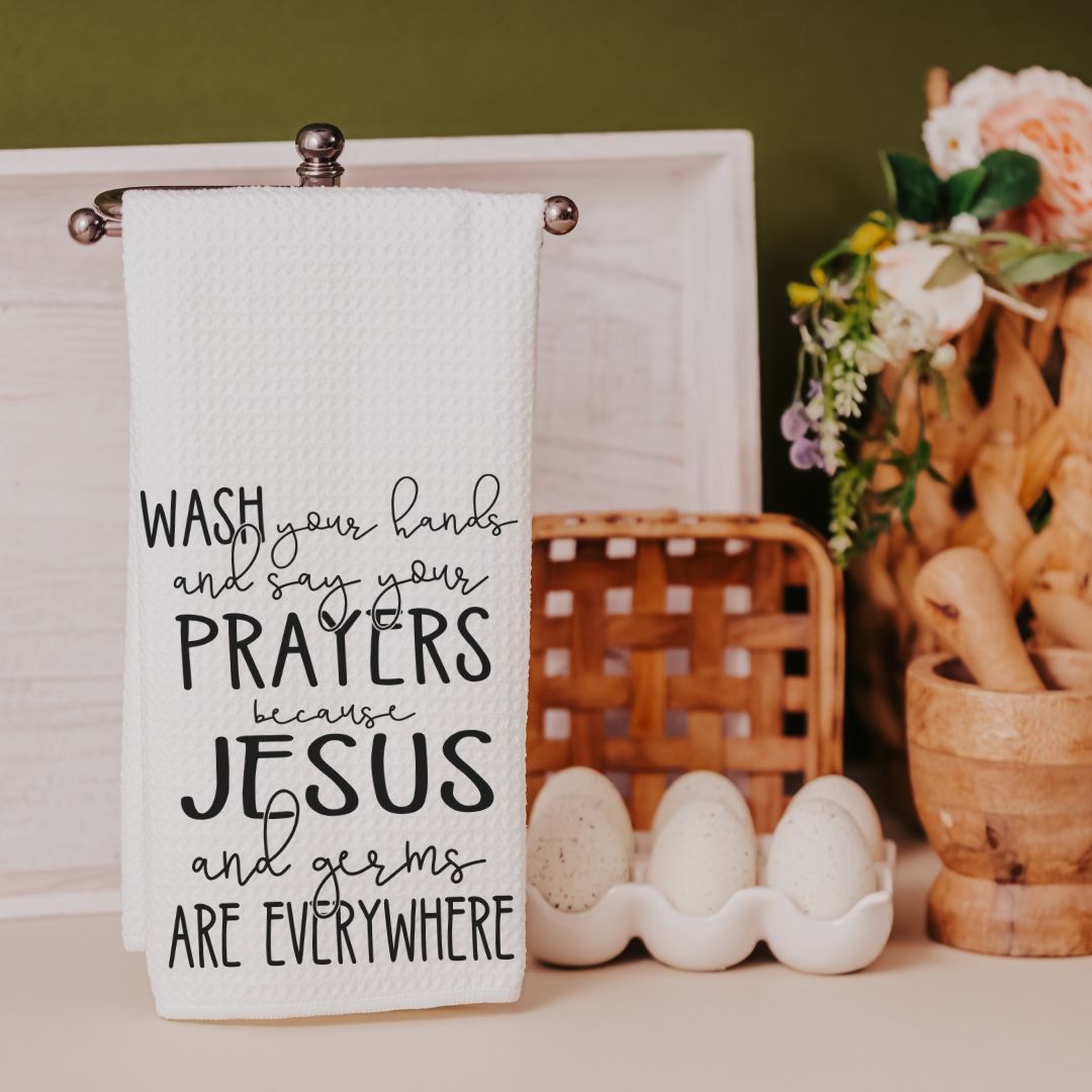  "Wash your hands and say your prayers" funny bathroom towels! These towels are not only a reminder to keep your hands clean, but also to keep your heart and mind focused on Jesus. 