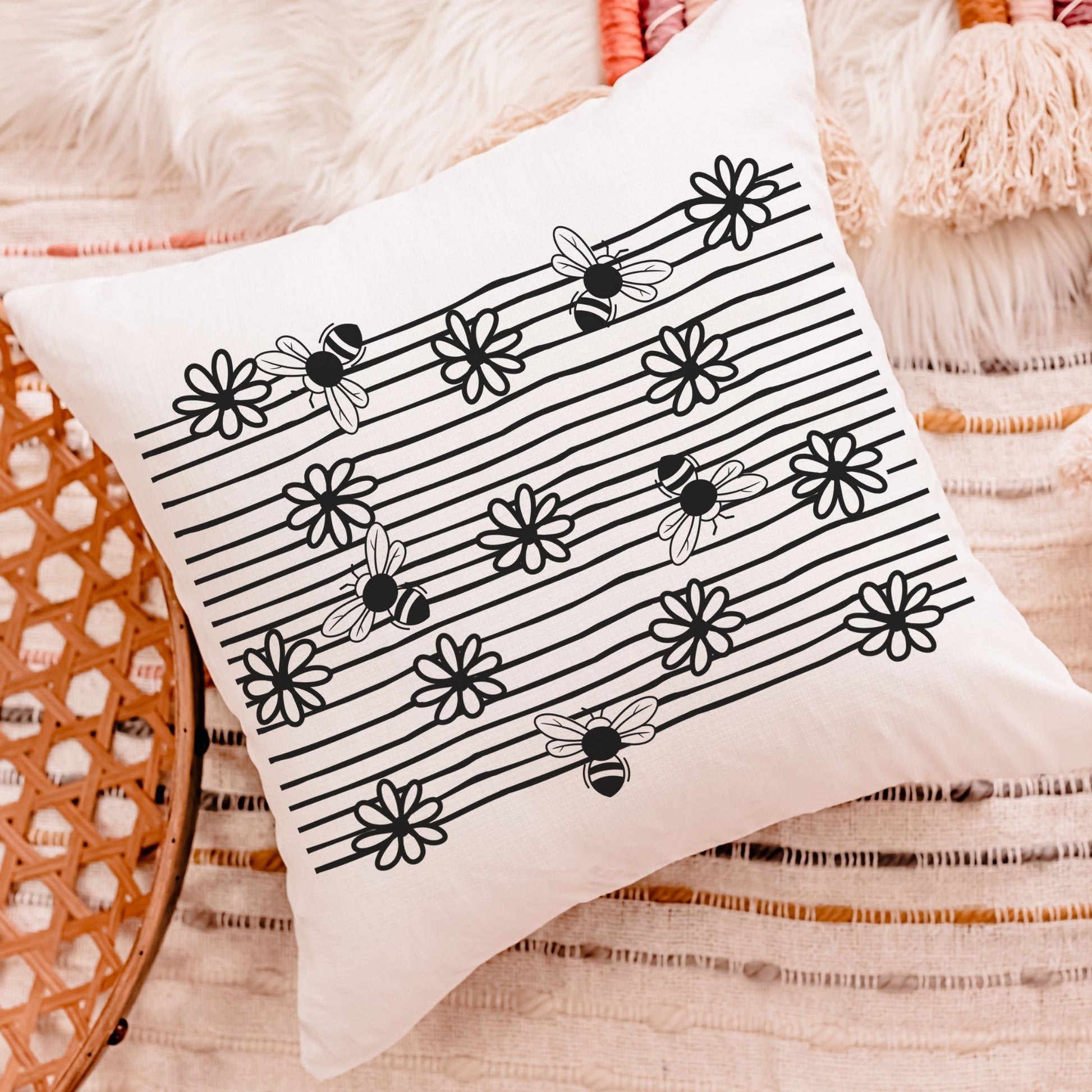 Black and White Bee Throw Pillow 3