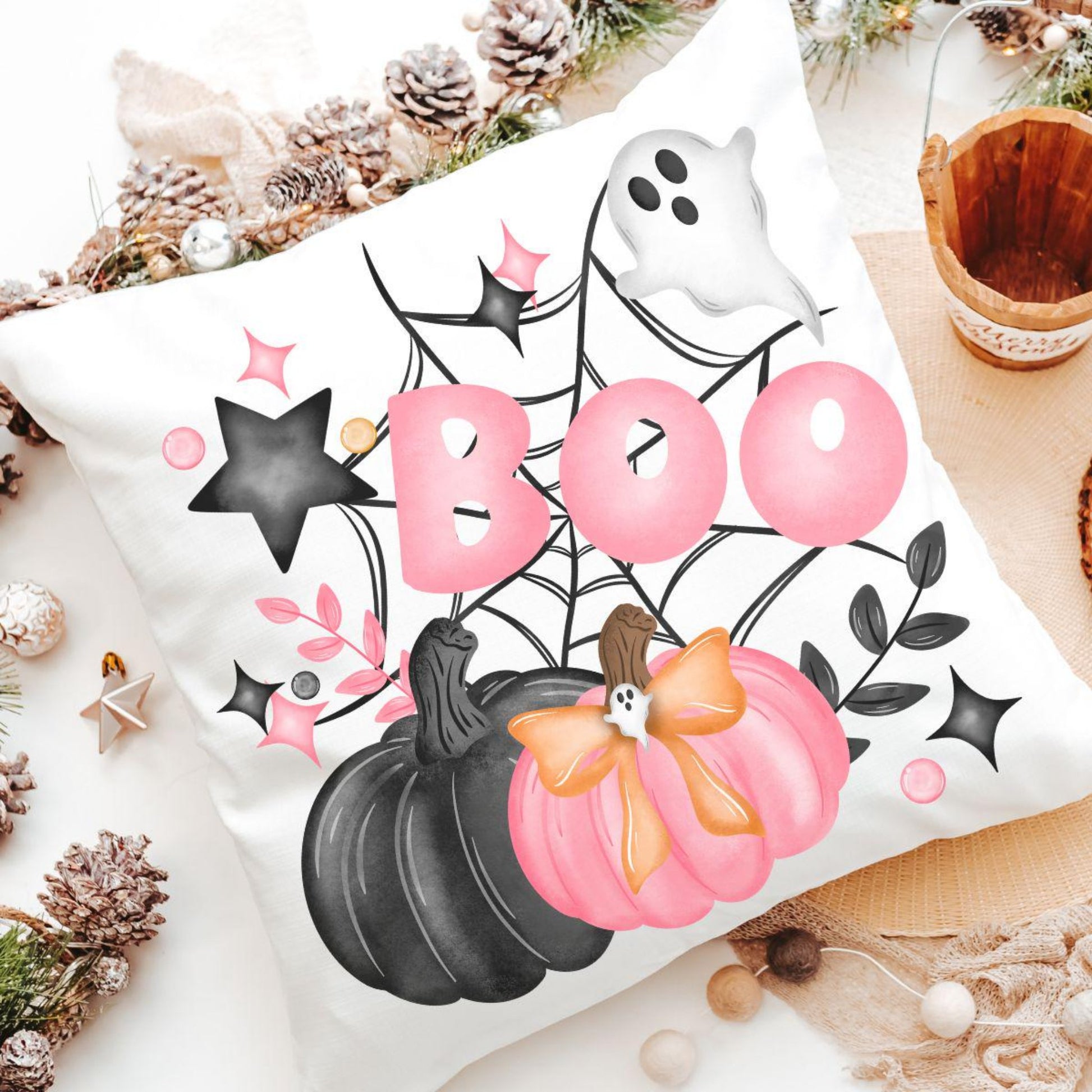 Pink and Black Boo Halloween pillow