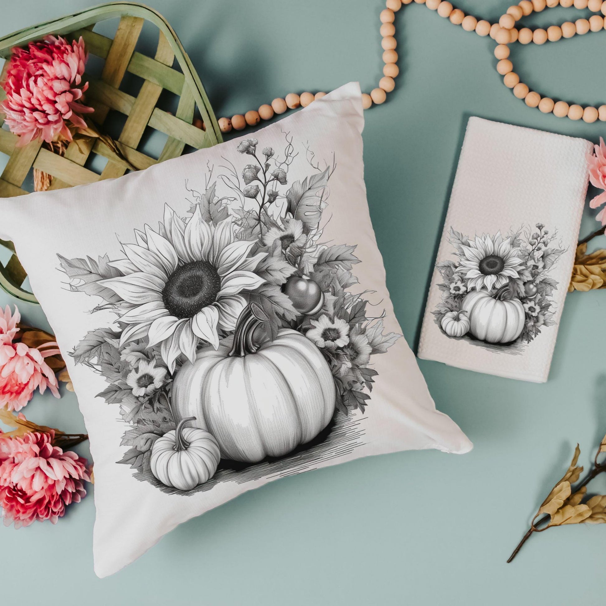 CapableByDesign Black and white farmhouse pumpkin pillow and towel sets