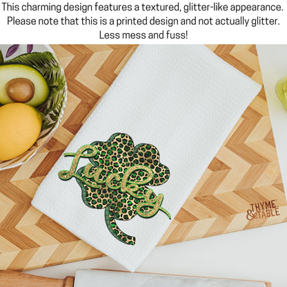 CapableByDesign CapableByDesign leopard print shamrock kitchen towels.  Design has a glitter appearance but there is no actual glitter.