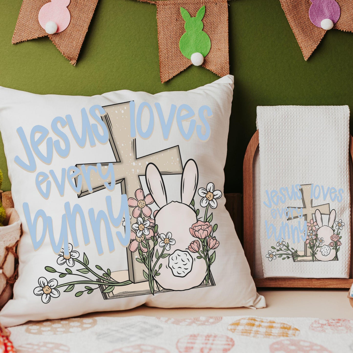 CapableByDesign Jesus loves every bunny throw pillows and towels
