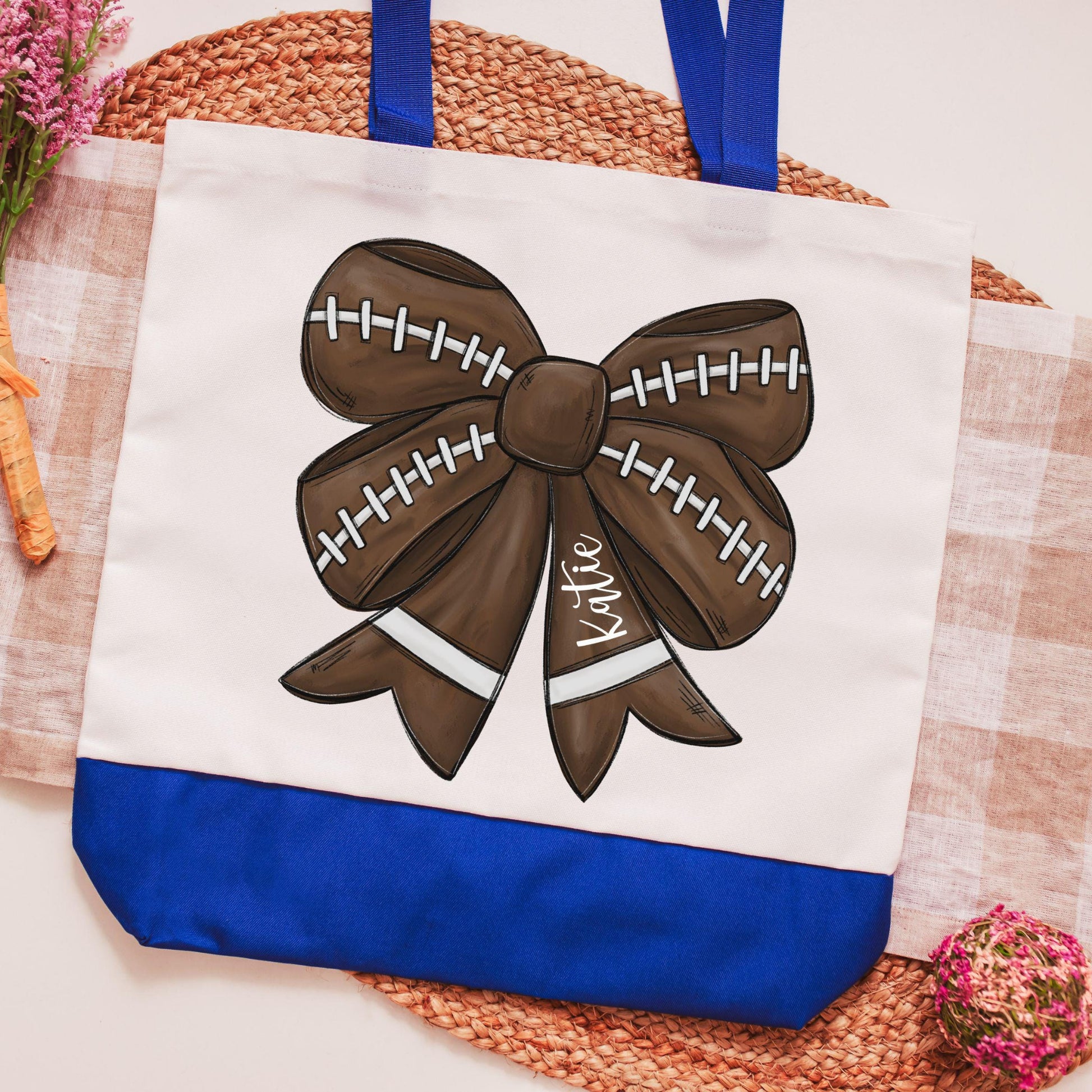 CapableByDesign Personalized football coquette bow tote bag - Blue