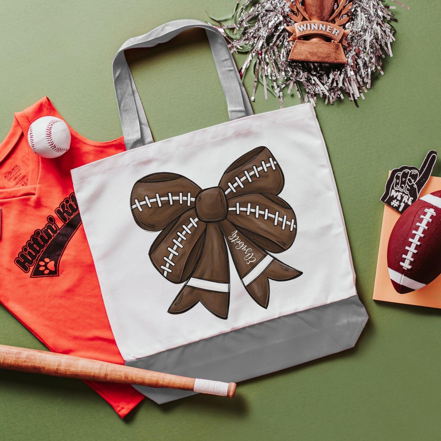 CapableByDesign Personalized football coquette bow tote bag - Grey