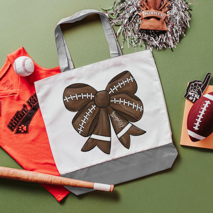 CapableByDesign Personalized football coquette bow tote bag - Grey