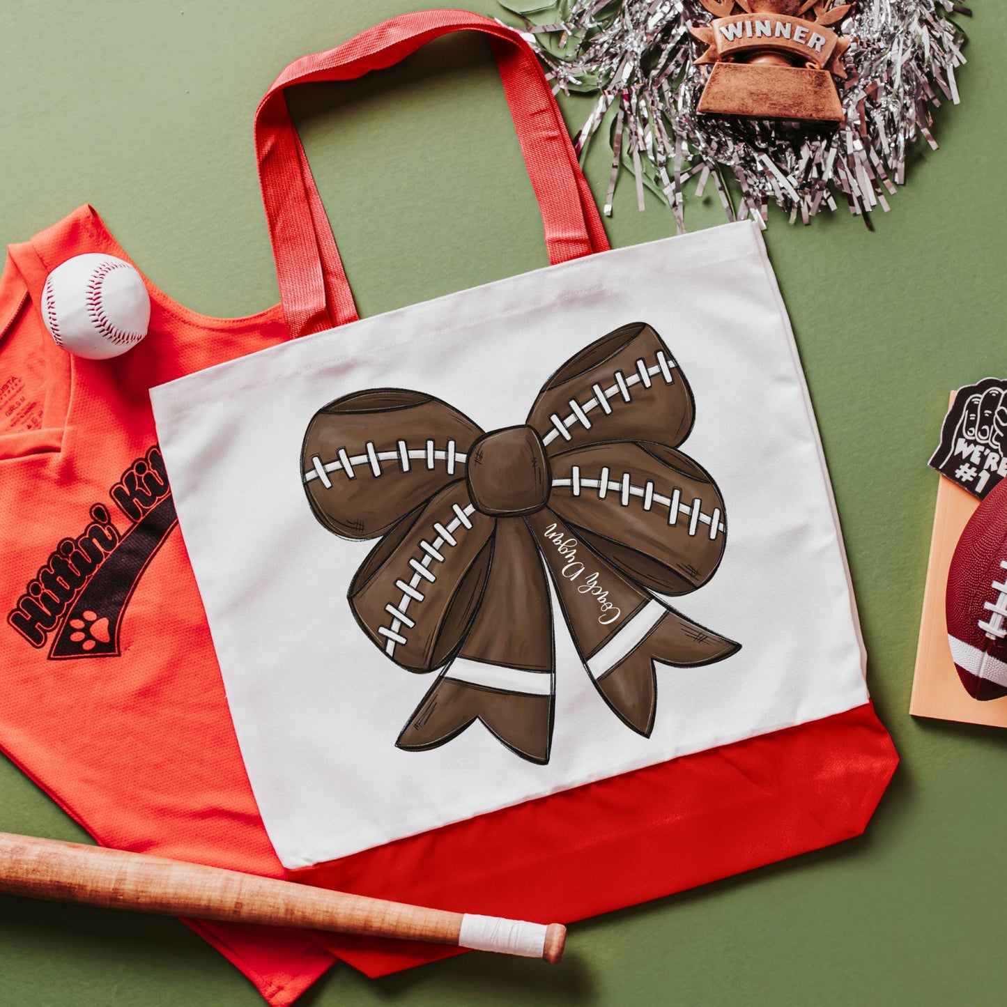 CapableByDesign Personalized football coquette bow tote bag - Red