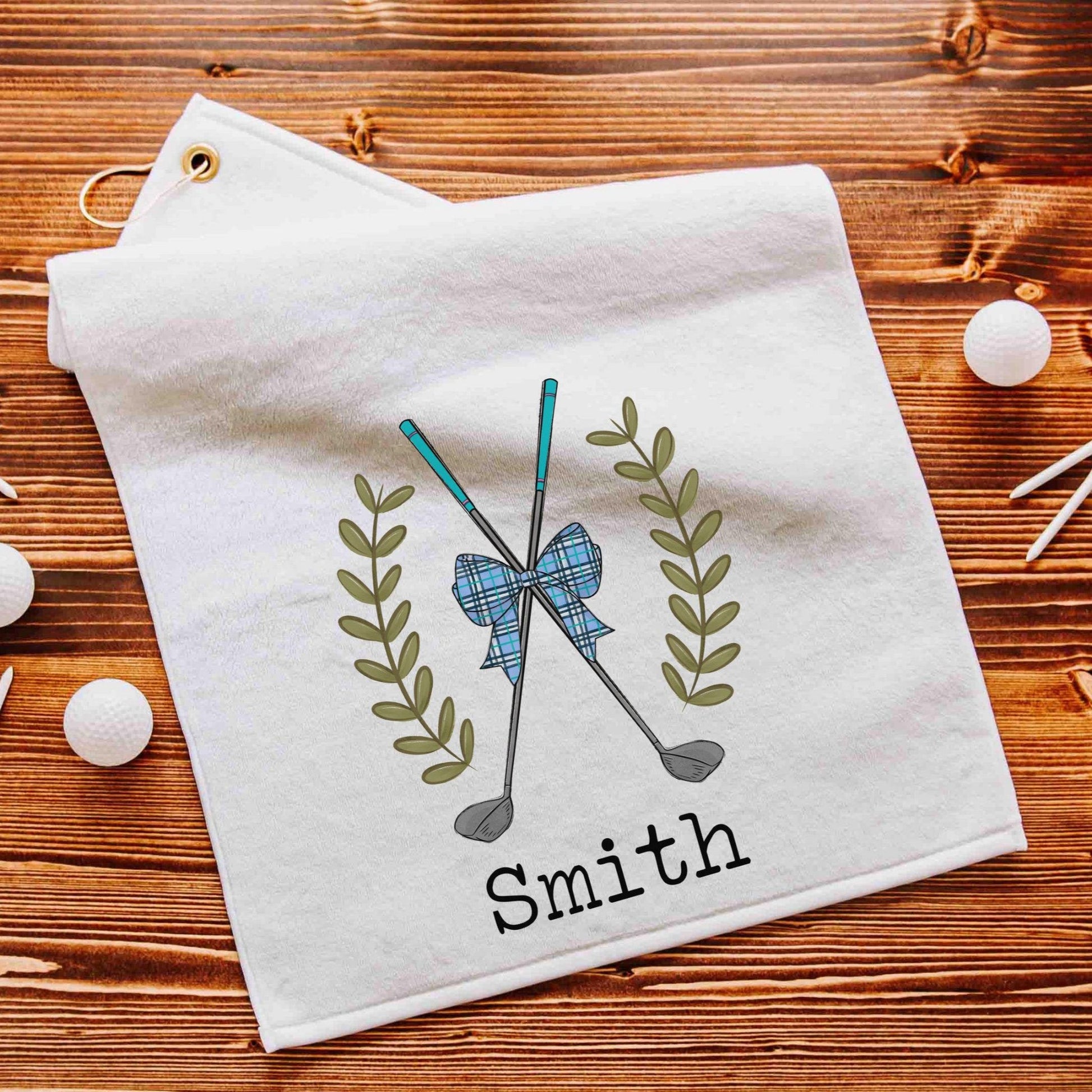 CapableByDesign Personalized golf clubs with blue plaid coquette bow, golf towel with grommet