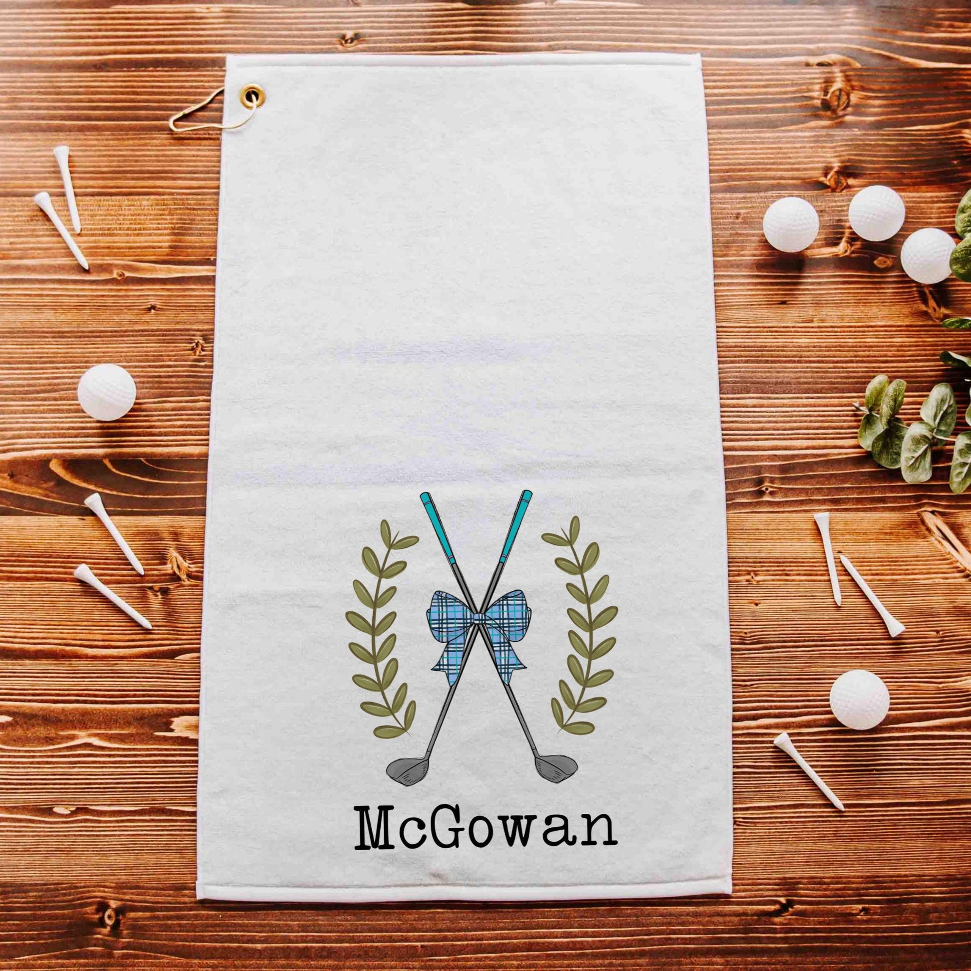 CapableByDesign Personalized golf clubs with blue plaid coquette bow, golf towel with grommet