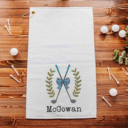 CapableByDesign Personalized golf clubs with blue plaid coquette bow, golf towel with grommet