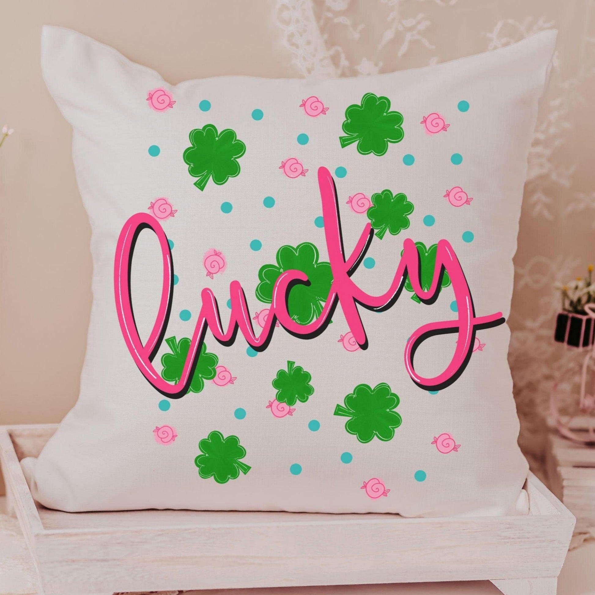 CapableByDesign Pink and Green Lucky shamrock throw pillow