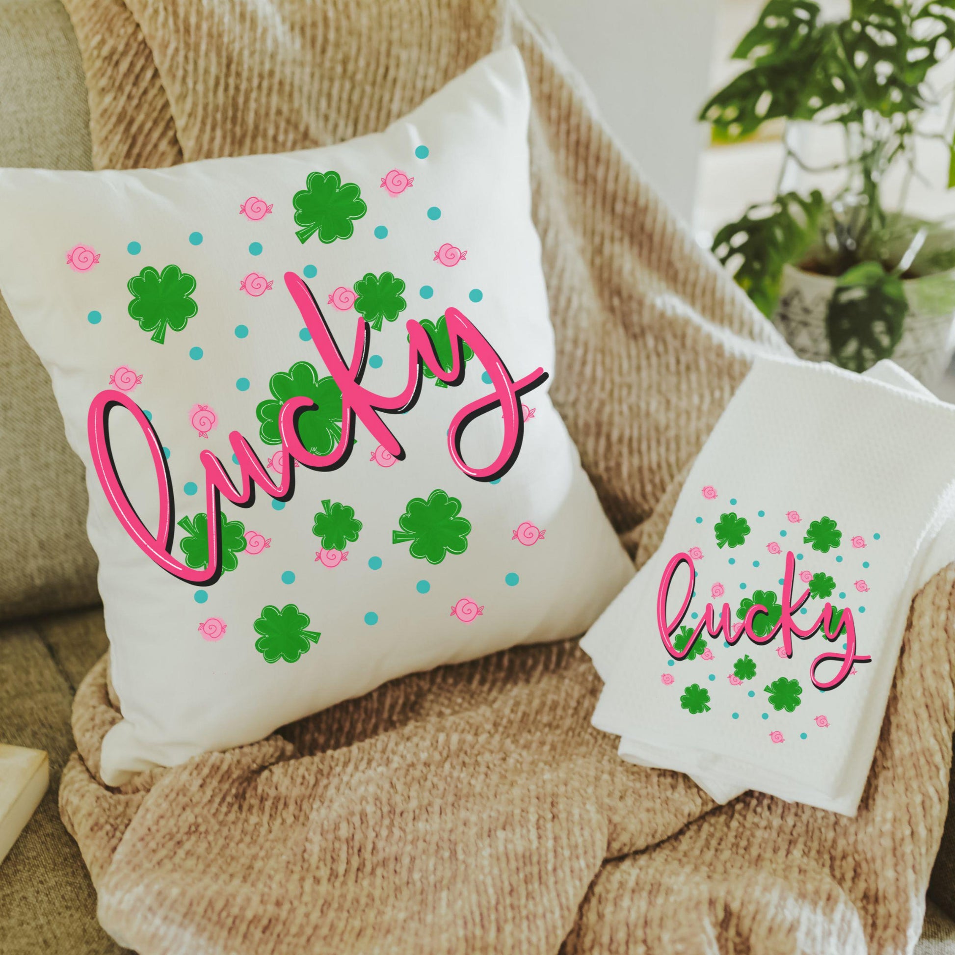 CapableByDesign Pink and Green Lucky shamrock throw pillow and towel