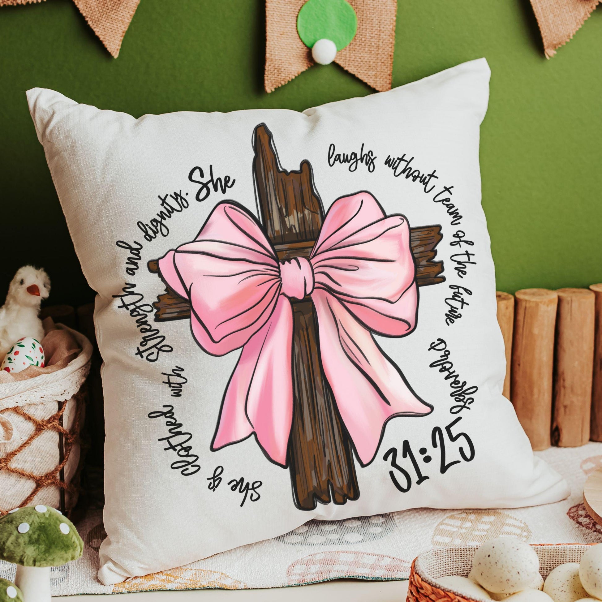 CapableByDesign She is clothed in strength and dignity throw pillow in off white
