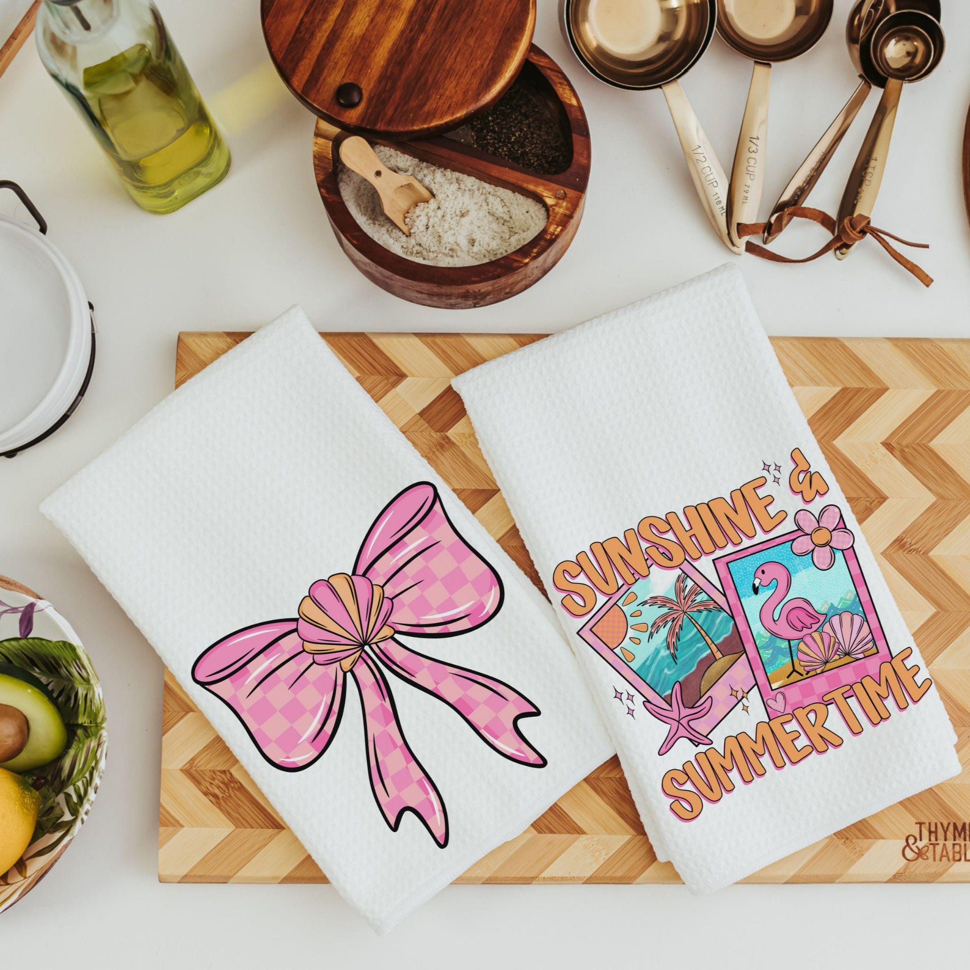 CapableByDesign Sunshine and summertime flamingo and coastal coquette bow towel set