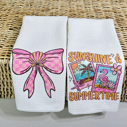 CapableByDesign Sunshine and summertime flamingo and coastal coquette bow towel set - styled