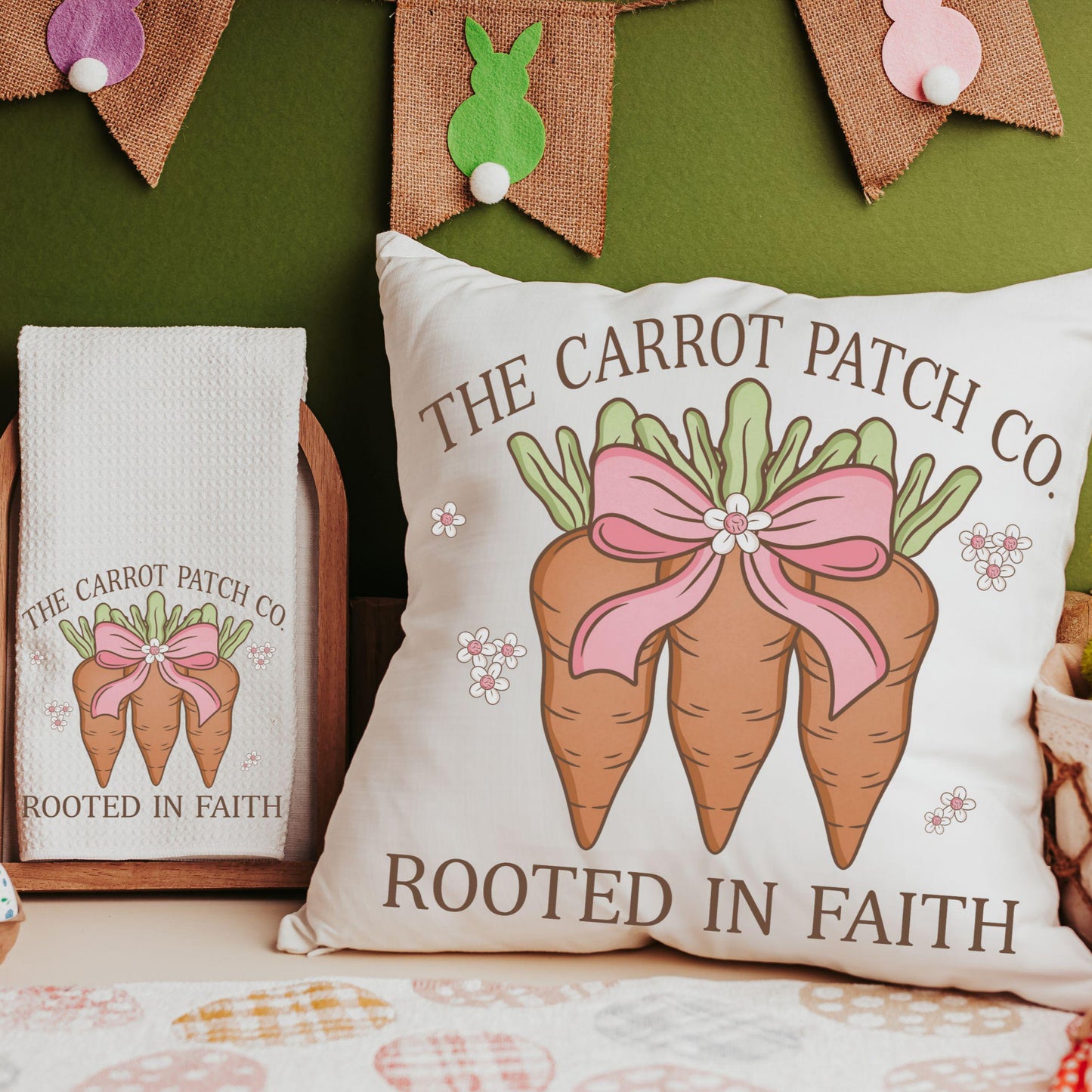 CapableByDesign The Carrot Patch Co. rooted in faith throw pillows and towels