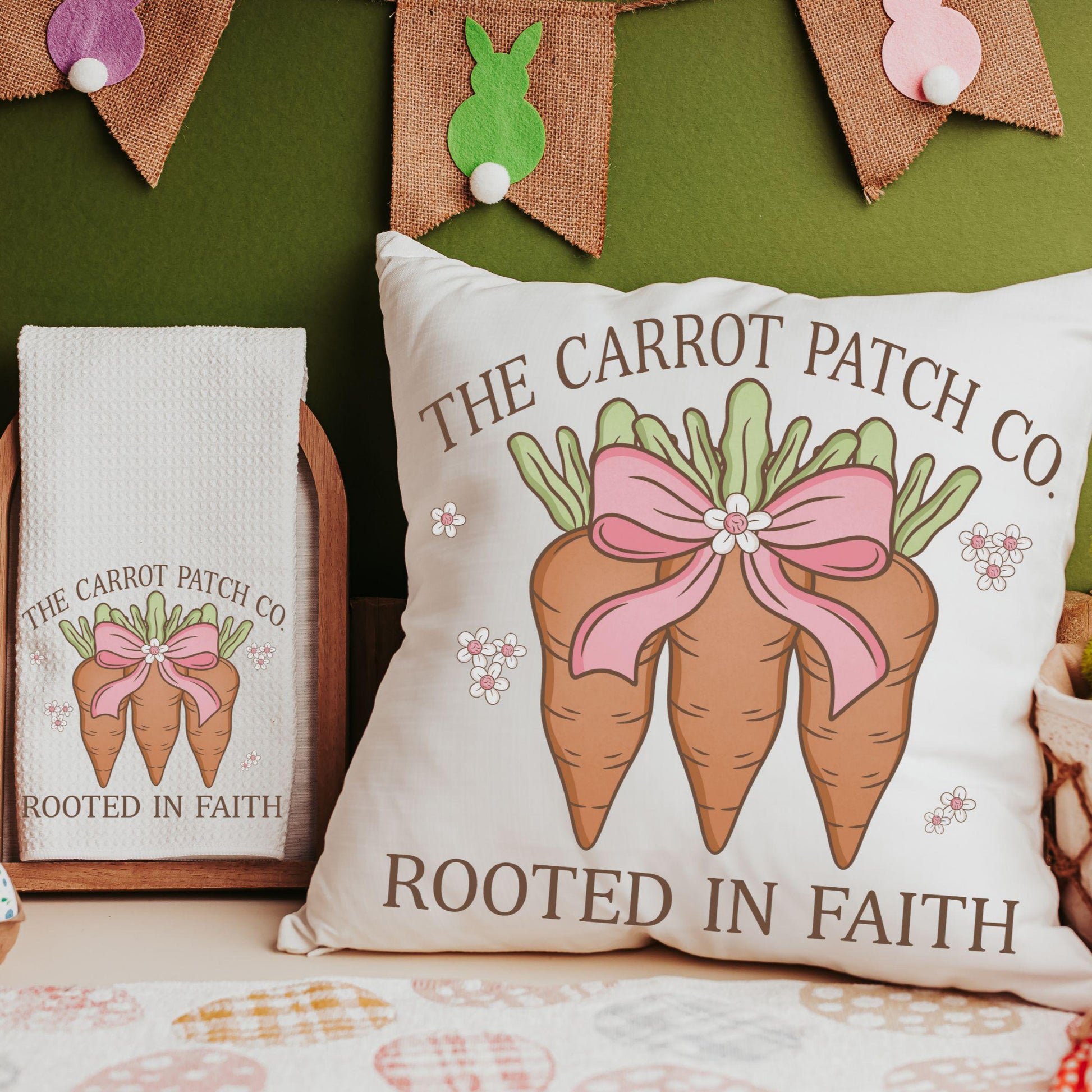 CapableByDesign The Carrot Patch Co. rooted in faith throw pillows and towels