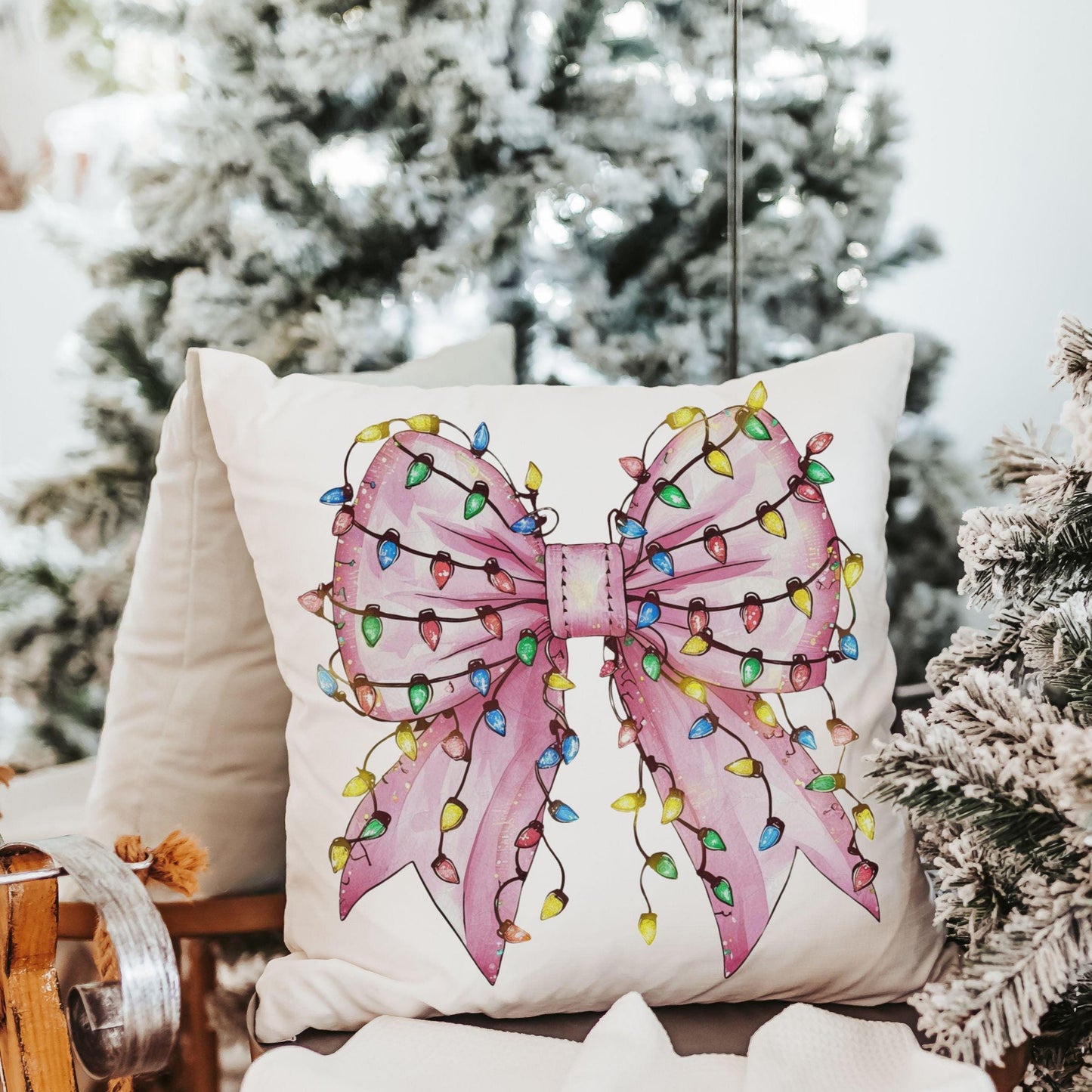 CapableByDesign coquette Christmas lights pink bows pillows