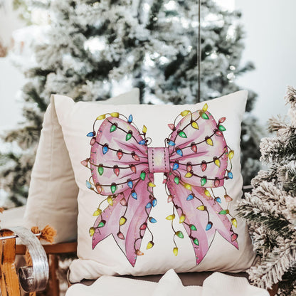 CapableByDesign coquette Christmas lights pink bows pillows