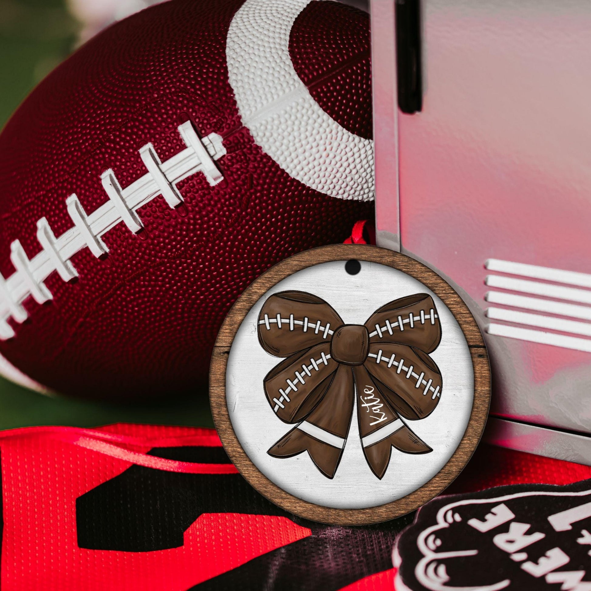 CapableByDesign personalized coquette football bow ornament