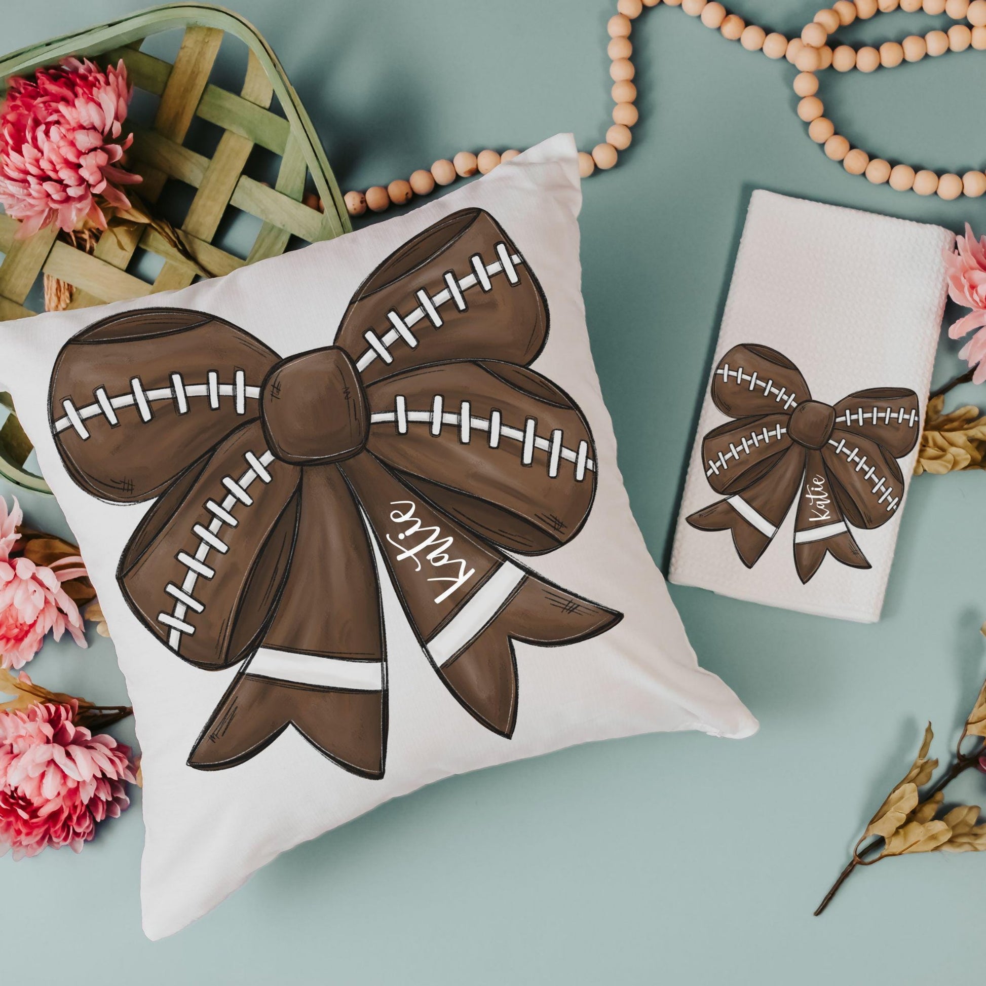 CapableByDesign personalized coquette football bow throw pillow and towel set