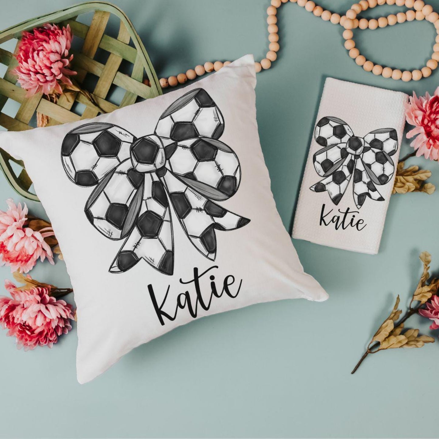 CapableByDesign personalized coquette soccer bow towel and pillow set