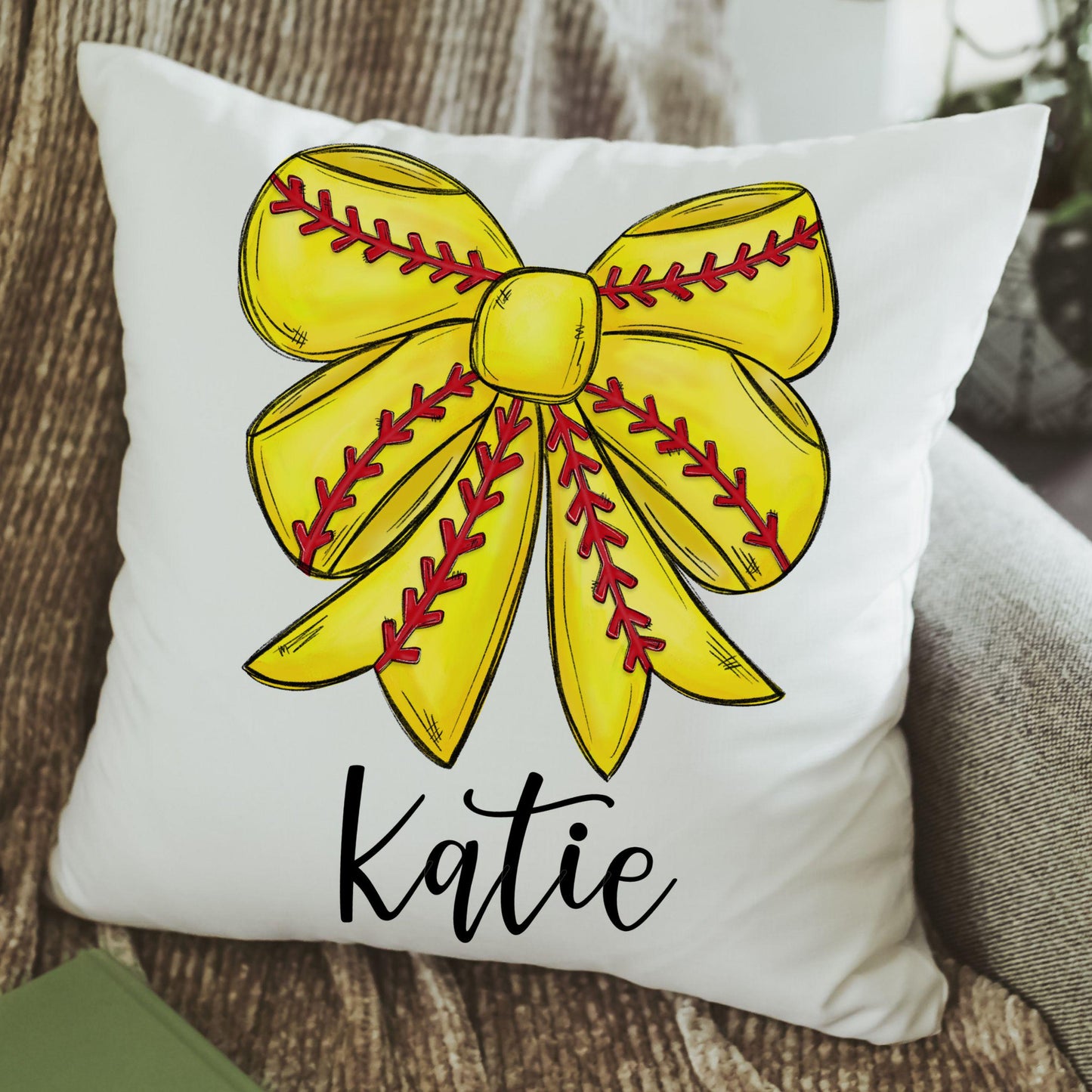 CapableByDesign personalized coquette softball bow throw pillow