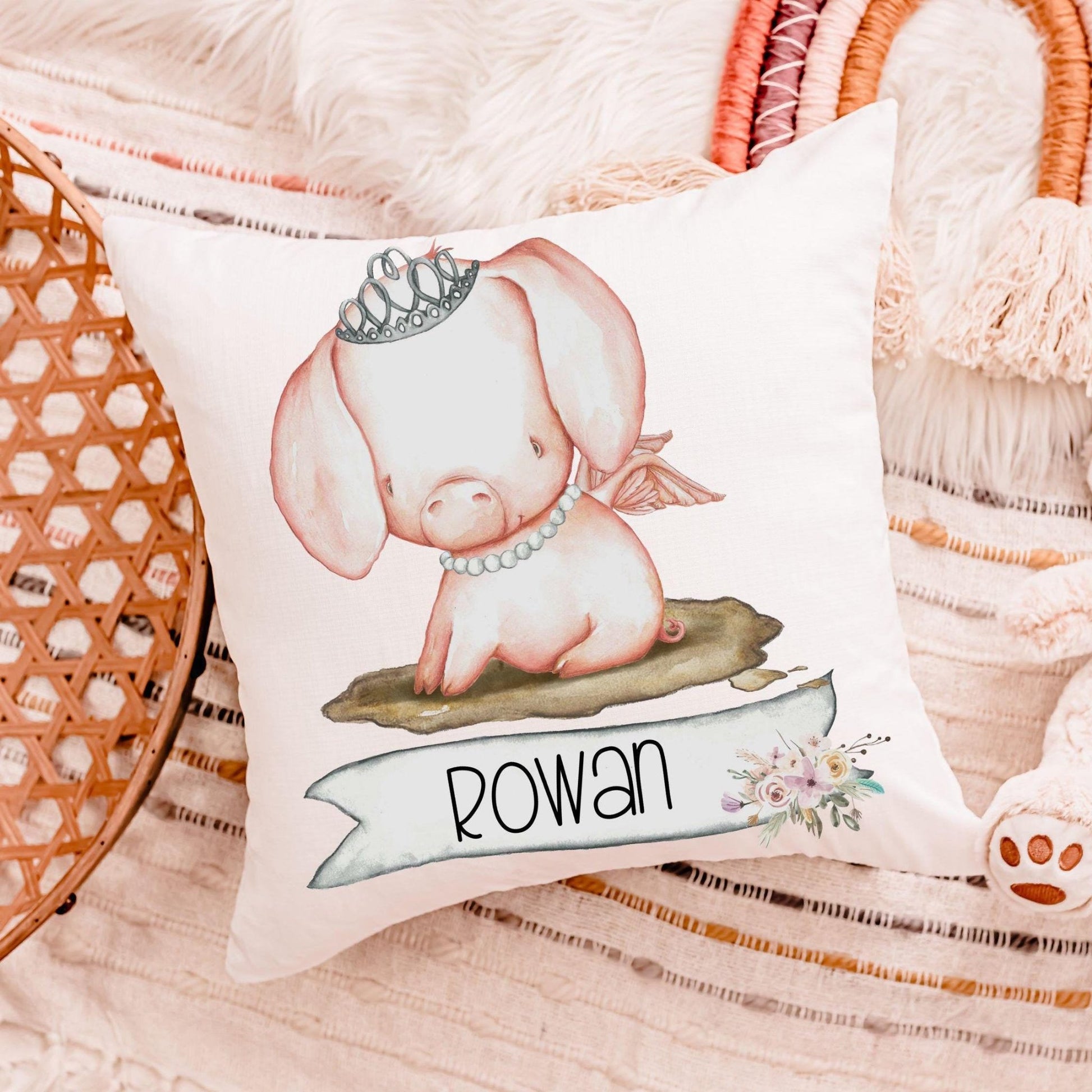 CapableByDesign personalized cute pig with crown throw pillows