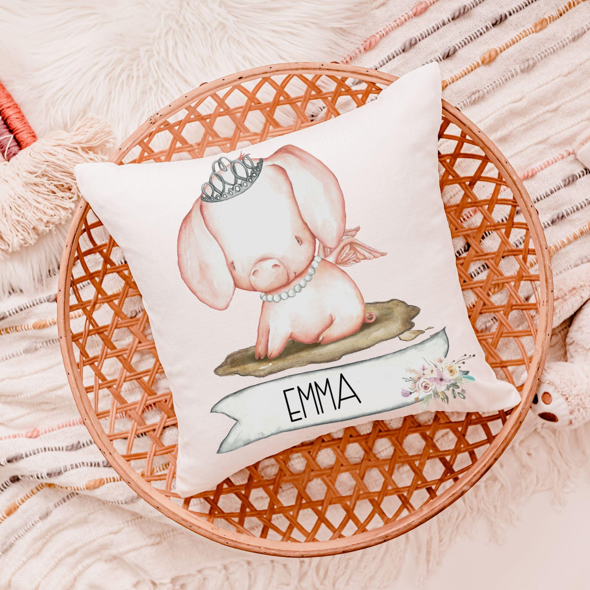 CapableByDesign personalized cute pig with crown throw pillows