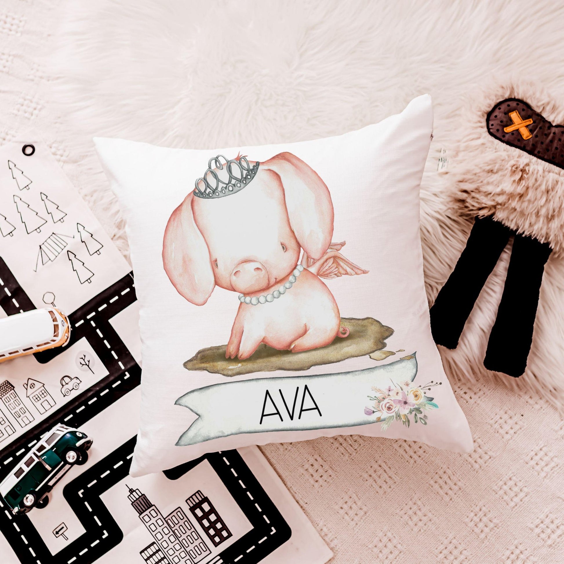 CapableByDesign personalized cute pig with crown throw pillows
