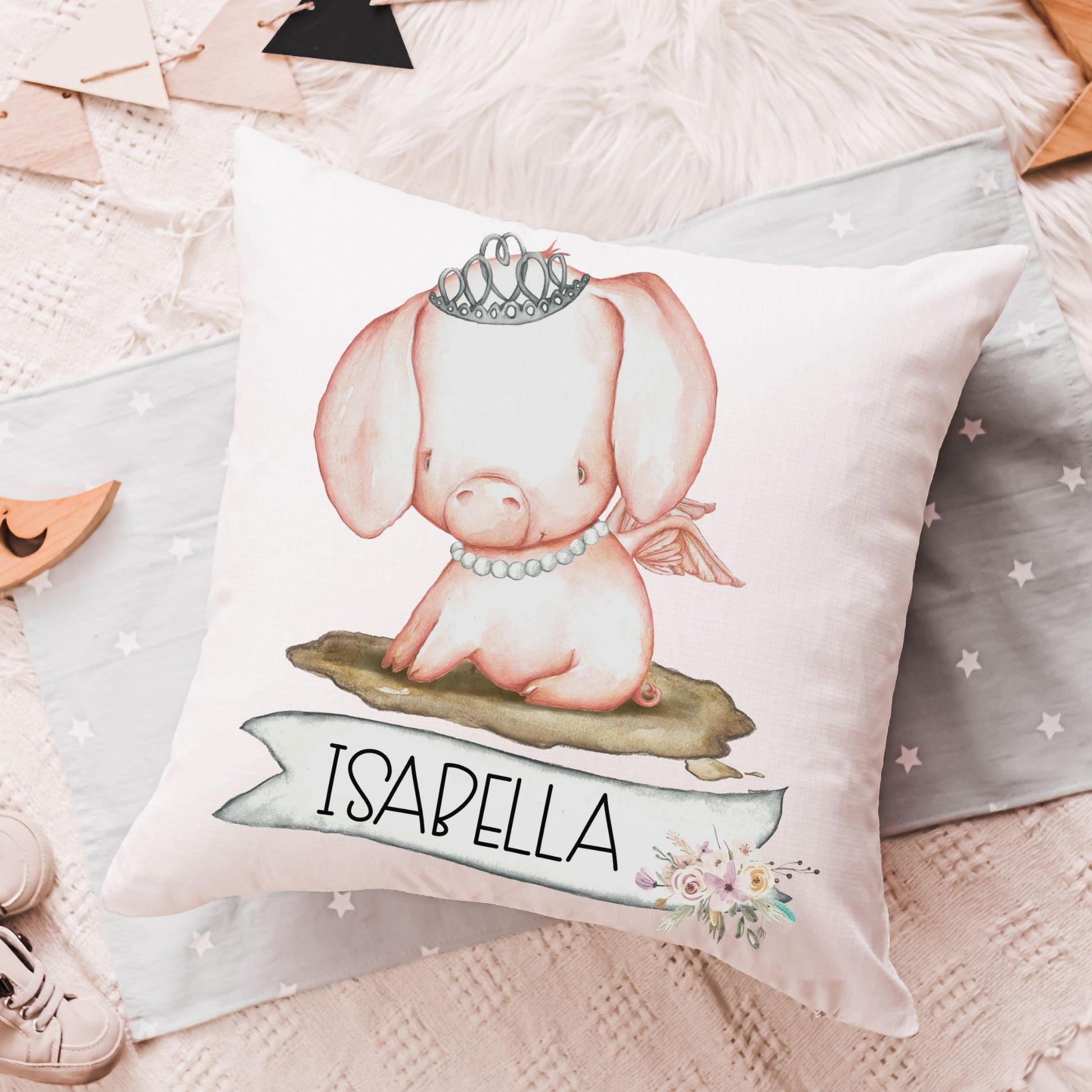 CapableByDesign personalized cute pig with crown throw pillows