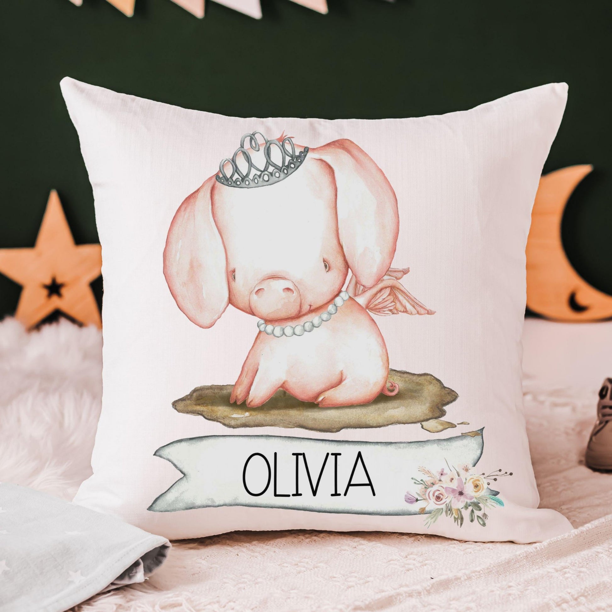 CapableByDesign personalized cute pig with crown throw pillows