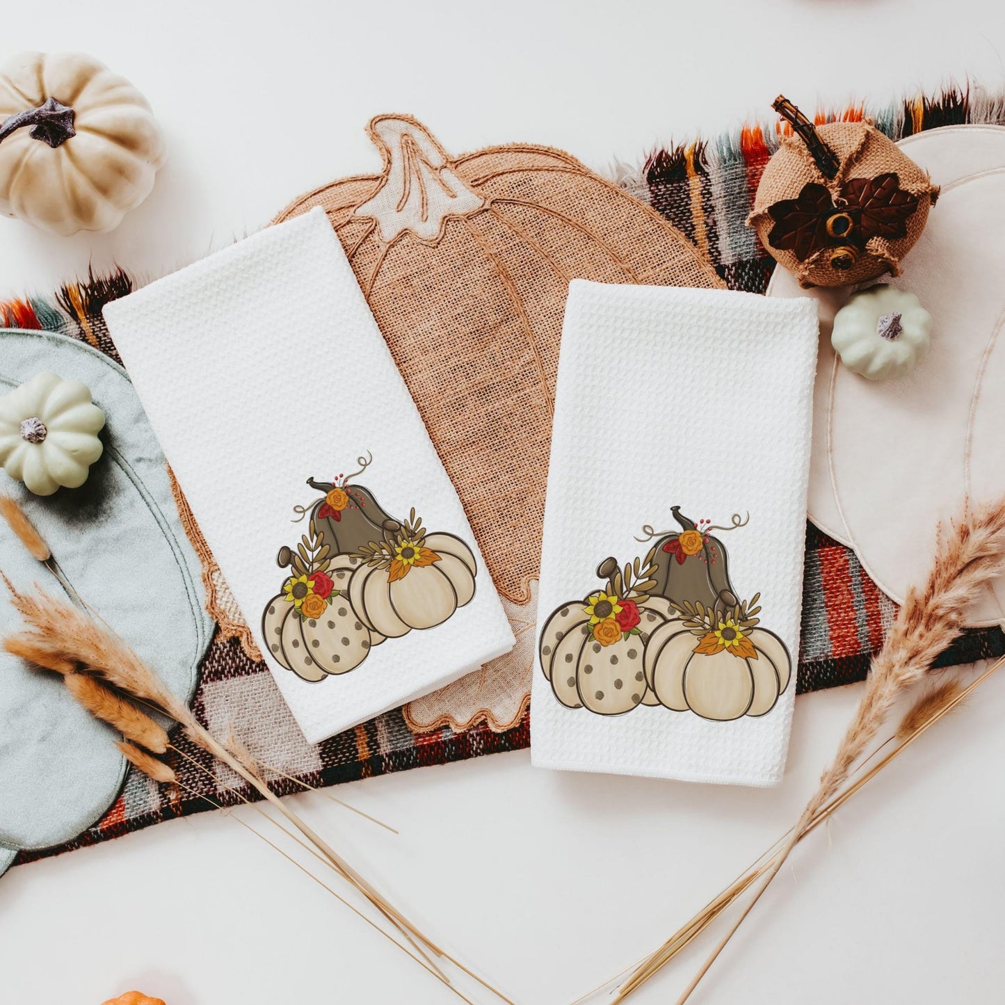 CapableByDesign Cream and Brown Pumpkin Kitchen Towels set of 2
