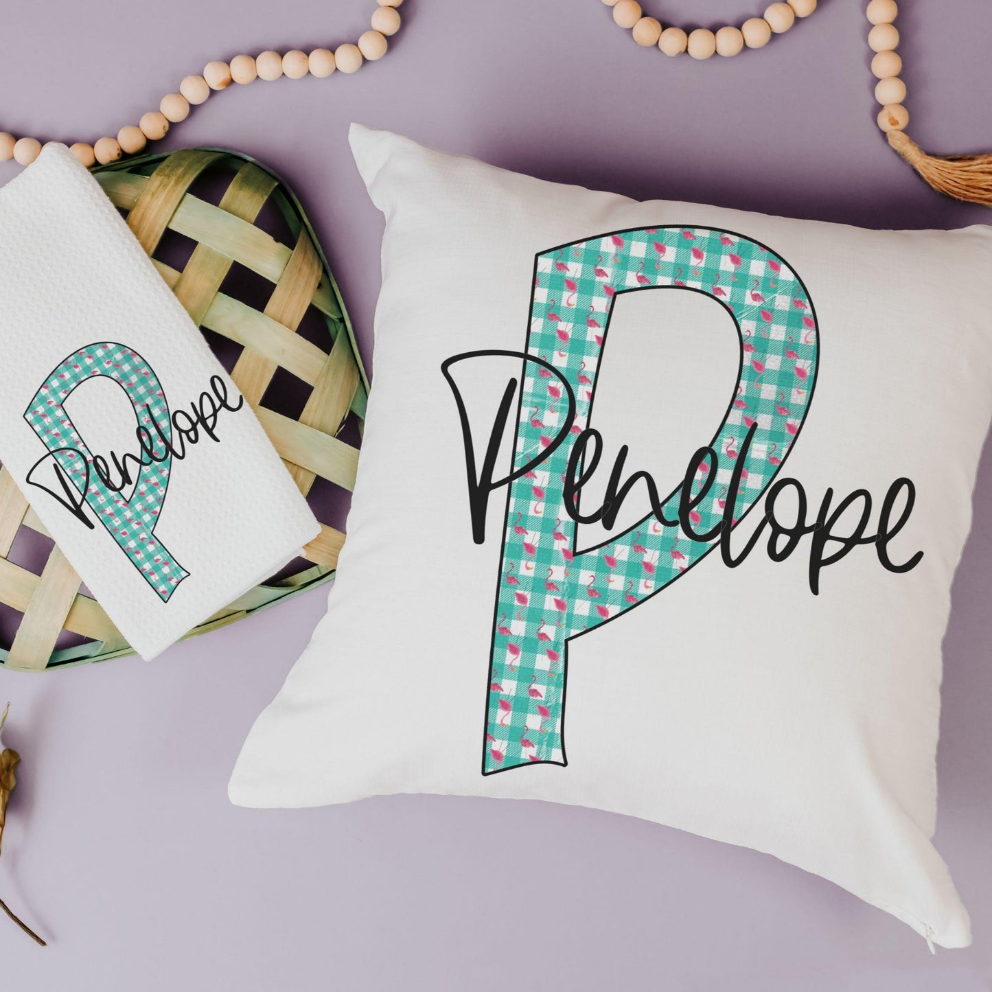 CapableByDesign Custom pink flamingo name throw pillow and towel set