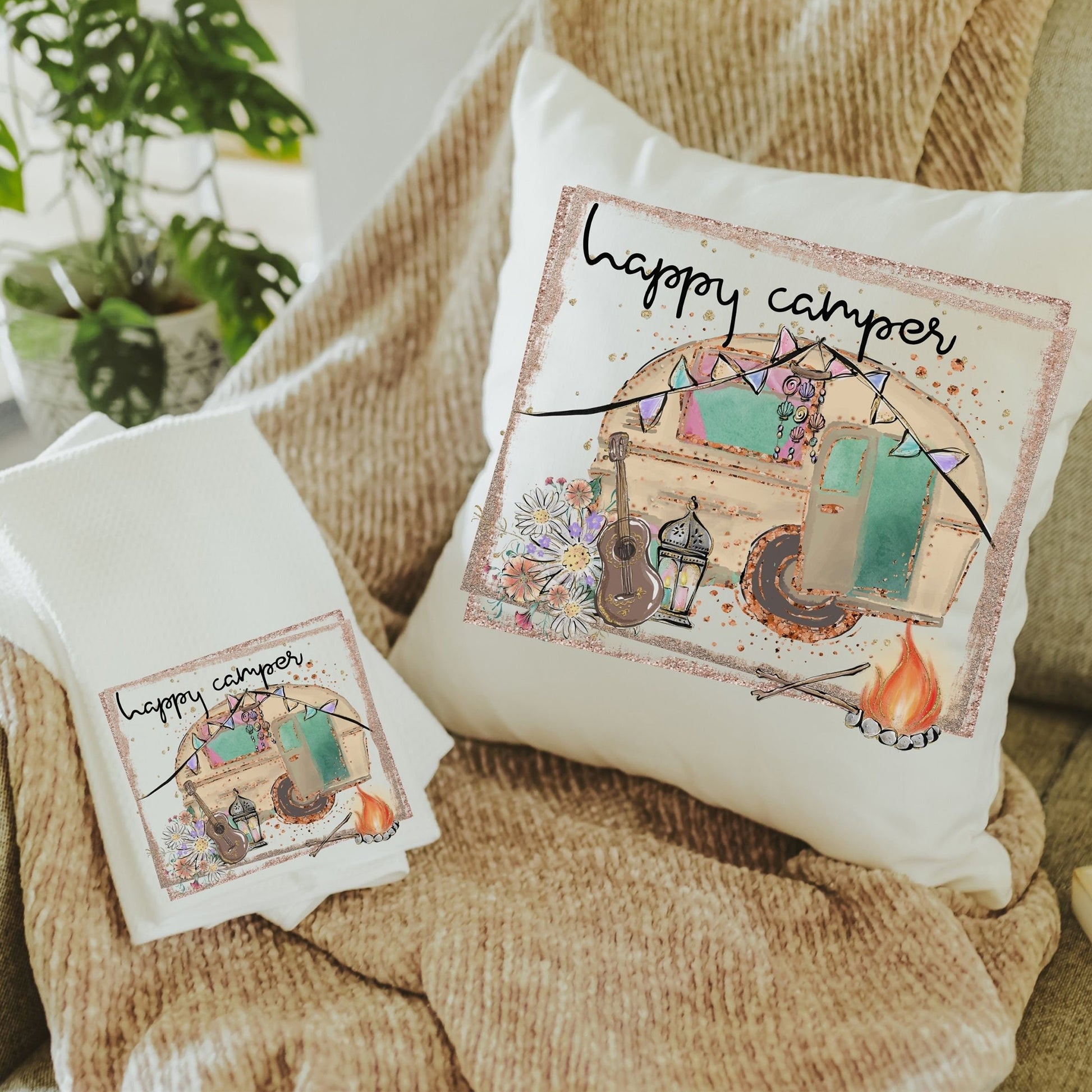 Happy Camper Throw Pillow & Towel