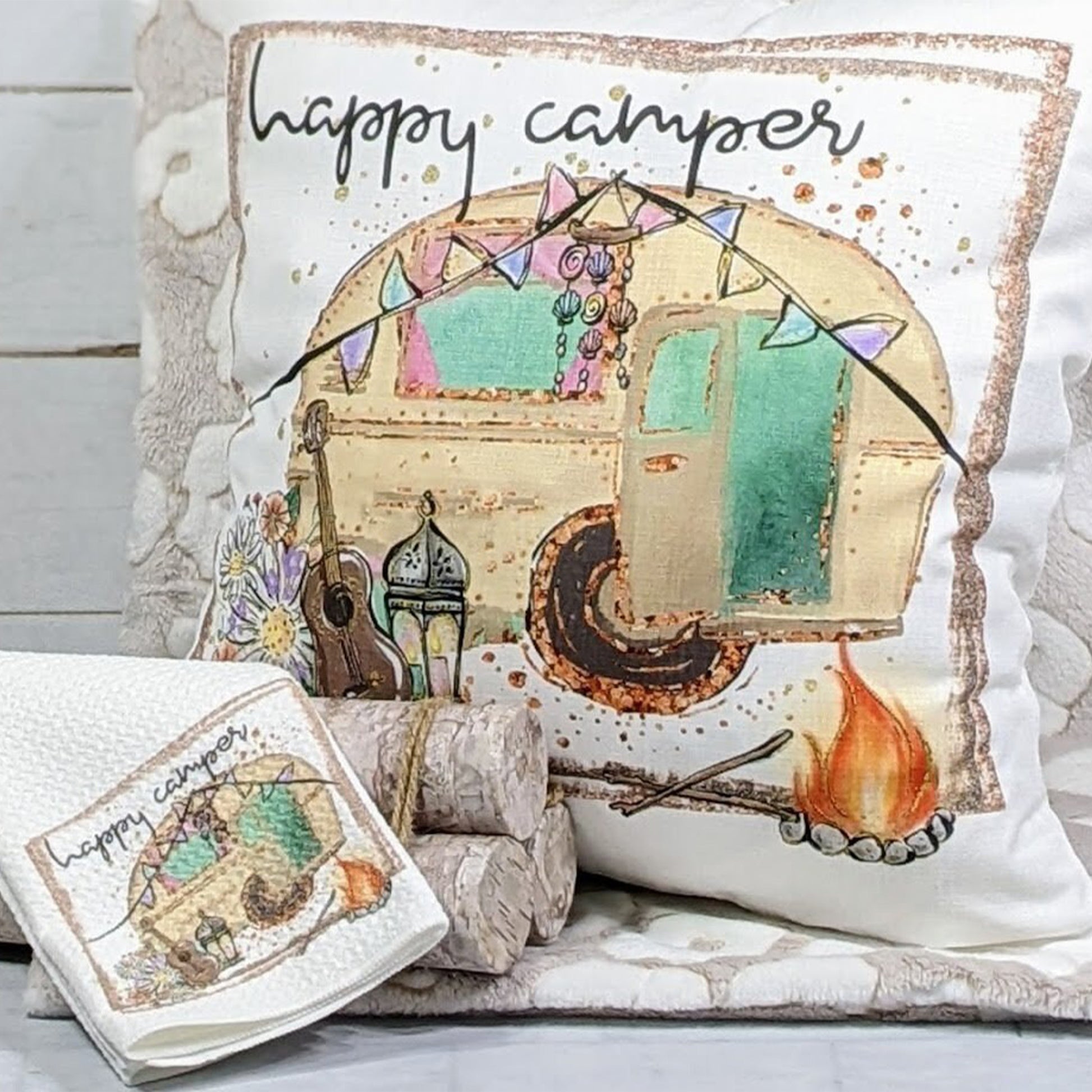 Happy Camper Throw Pillow & Towel Finished Set