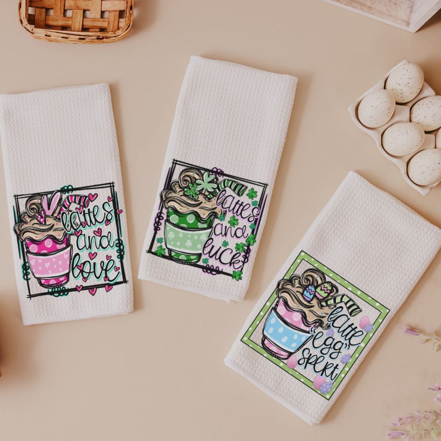 Lattes and love kitchen towel trio