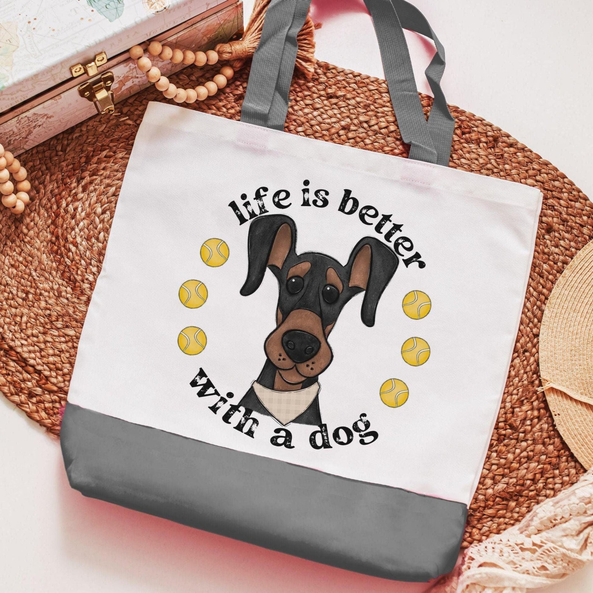 Life is better with a dog, Doberman tote bag