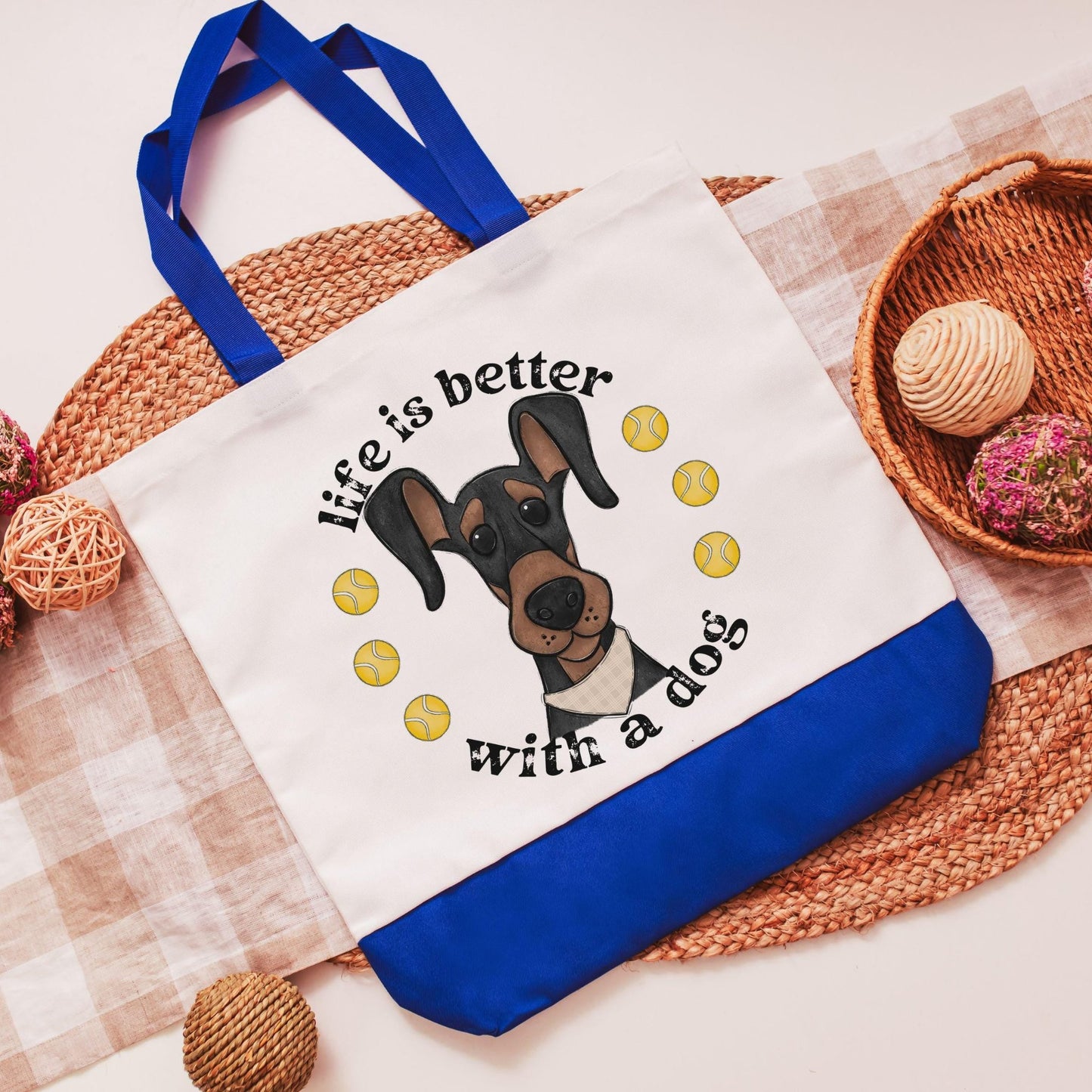 Life is better with a dog, Doberman tote bag
